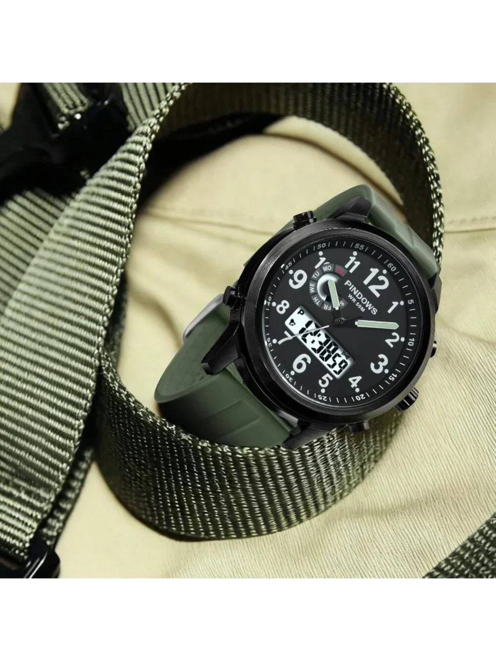 Men's Tactical Green/Black Digital Analog Multifunction Sport Casual Wrist Watch